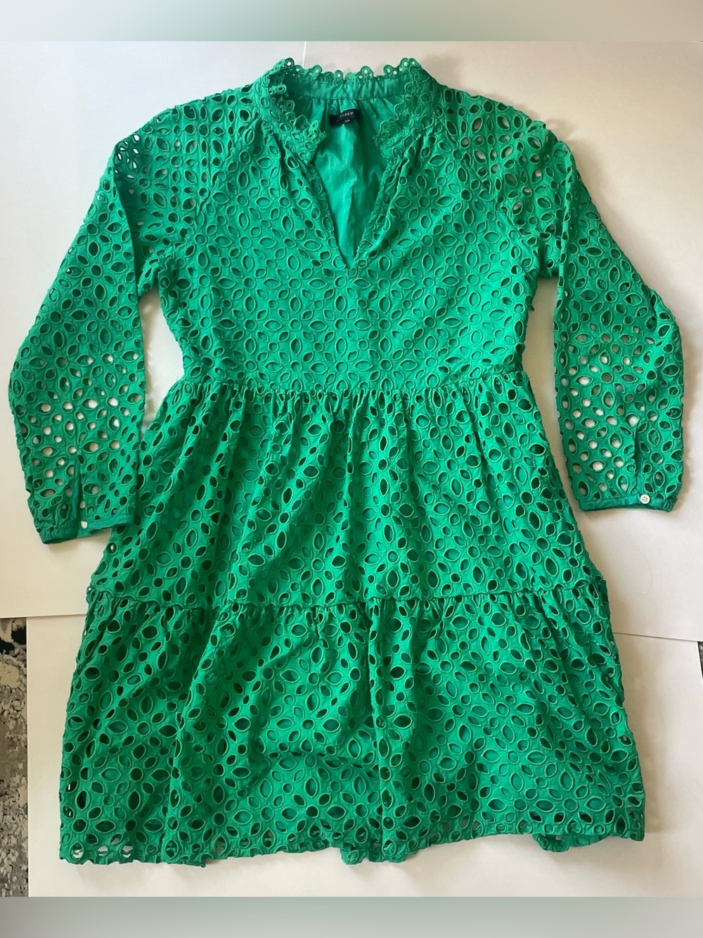 J. Crew Emerald Green Eyelet Tiered Long-Sleeve Lined Preppy Mini Dress